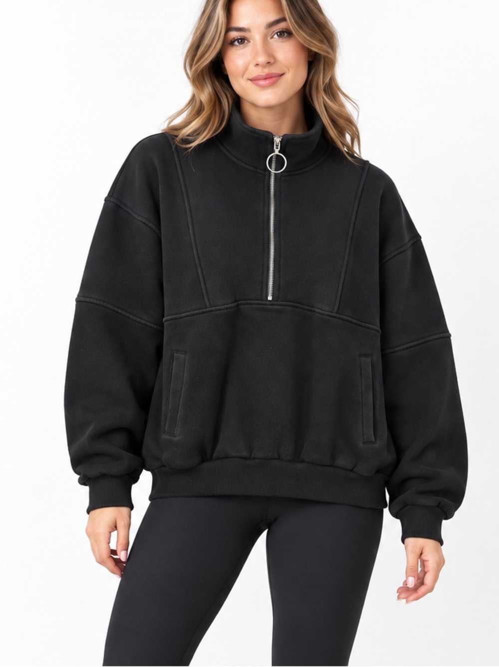 ANRABESS Black Oversized Half Zip Fleece Sweatshirt – Large